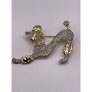 DJ Signed Poodle Brooch Pin Gold & Silver Tone Rhinestone Glitter Dog  VTG
